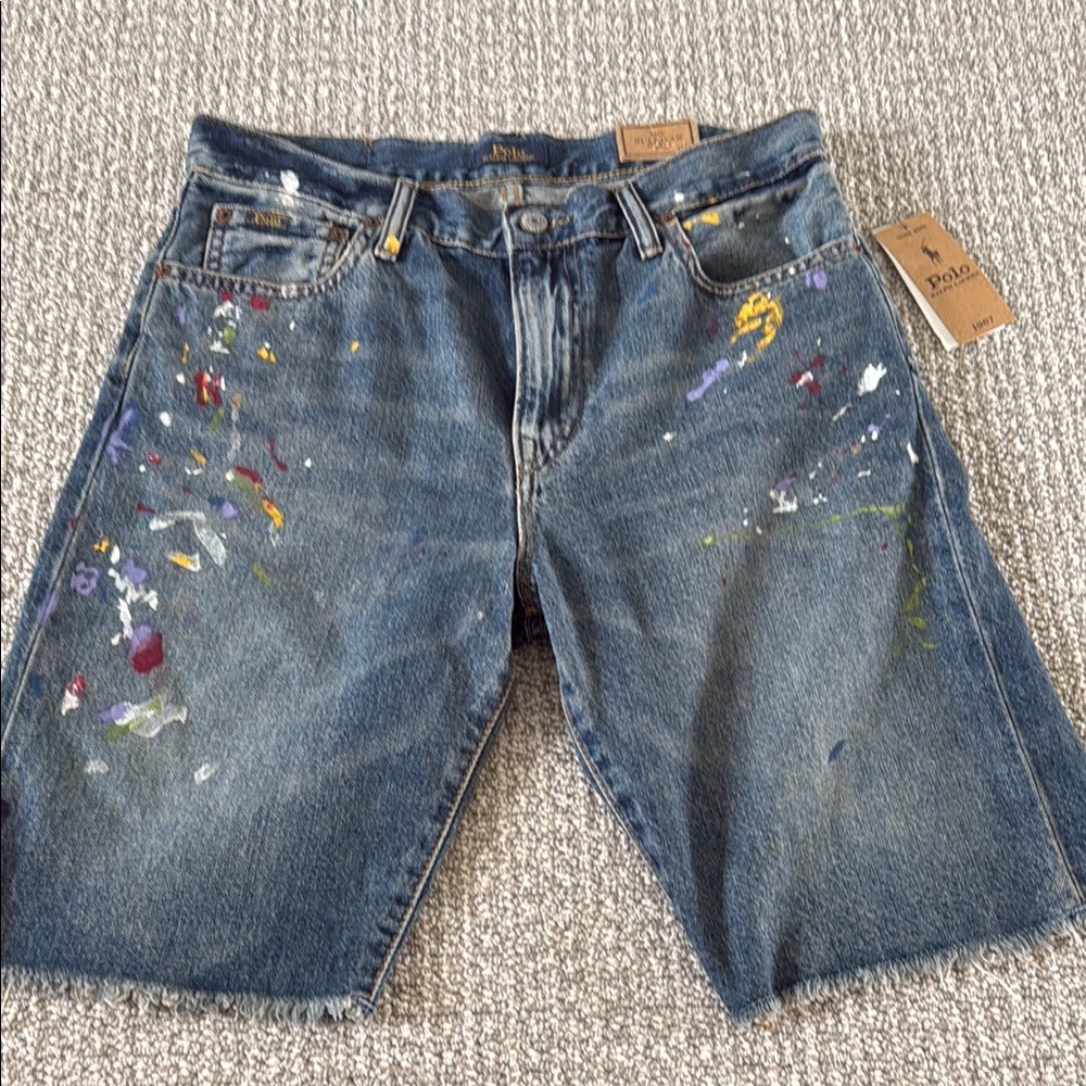 New Polo Ralph Lauren Denim Blue Paint-Splatter Shorts Kids 20 Bermuda
